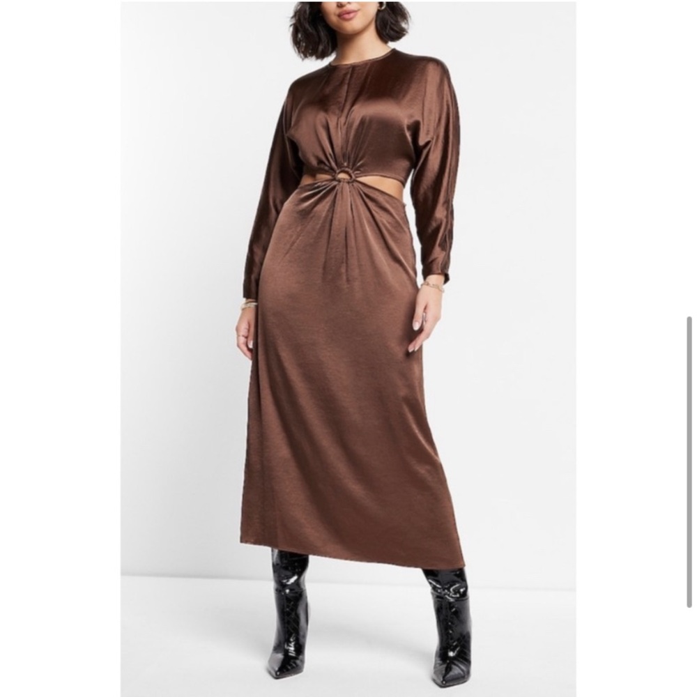 Express Satin Brown Cut Out Midi long sleeve dress size 8